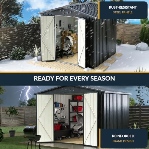 8x8 FT Outdoor Metal Storage Shed with Lockable Doors and Upgraded Frame,Garden Sheds with Sloped Roof for Backyard, Patio, Garage, Lawn, Dark Gray