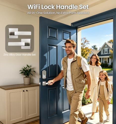Veise VE027-L WiFi Smart Lock with Handles Set for Front Door, Satin Nickel