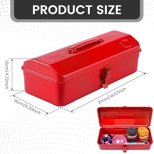 Large Metal Tool Storage Box with Handle for Workshop,15 inches Portable Tool Case with Lid，Locking Organiser Box for Hardware Part(red)