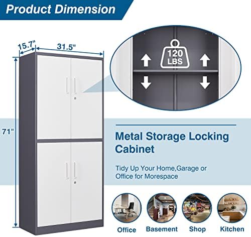 PEUKC Metal Storage Cabinet with Adjustable Shelves & Locking Doors, Tool Cabinets for Garage, Office, Home, School, Gym Storage (White Grey, 31.5" W x 15.7" D x 71" H - C)