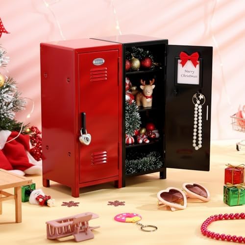 Vercraft 2 Pcs Mini Metal Locker with Lock, 10.8 Inch Safe Box, Red,Black
