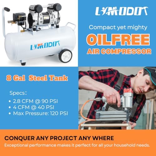 Quiet Oil-Free Air Compressor, 68 dB, 2.8 CFM @ 90 PSI, 8 Gallon Air Tank