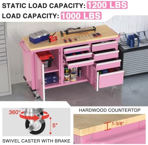 WORKPRO 62" x 20" Rolling Tool Chest, 7-Drawer & 2-Door, Pink