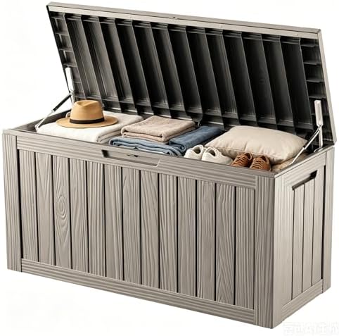 Outdoor Storage Box Resin Deck Box Waterproof Gray Brown 98 Gallon