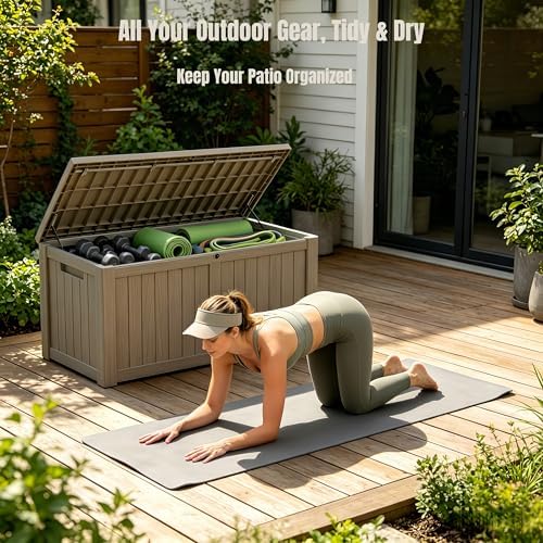 151 Gallon Large Resin Outdoor Storage Box, Waterproof Deck Box, Lockable Deck Container with Reinforced Support, Outdoor Chest for Patio Accessories, Outdoor Cushions, Garden Tools, Taupe Gray