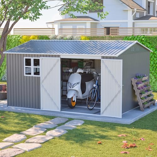YOPTO 12x10 FT Outdoor Storage Shed,Metal Shed W/Window & Floor Frame,Garden Tool House W/Sloped Roof,Lockable Doors & Air Vents,for Backyard Patio Lawn,Gray