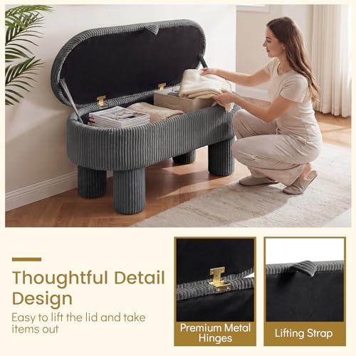 GIANTEX 42'' Storage Ottoman Bench, Corduroy Fabric Upholstered End of Bed Bench with Hidden Storage Compartment & Legs, Blanket Storage Chest for Living Room, Bedroom, Entryway (Gray)