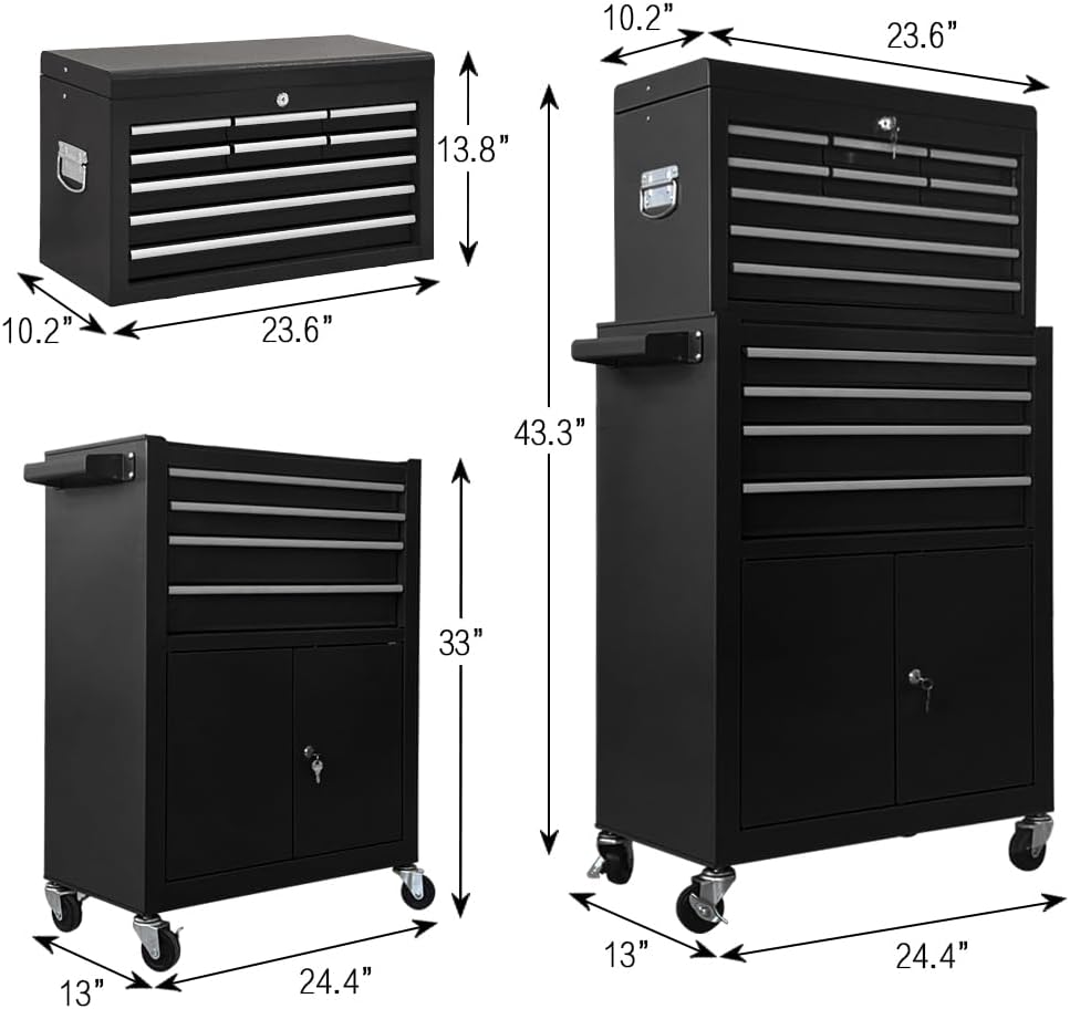13-drawer tool chest with double door and wheels, close-up detail