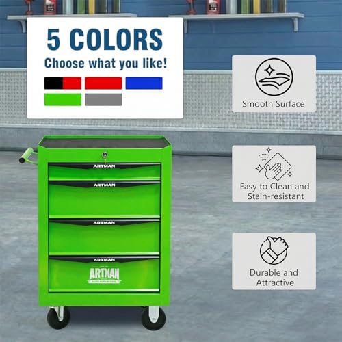 4-Drawer Rolling Tool Chest - Heavy Duty Tool Storage Cabinet with Lockable Wheels & Drawer Liners, Tool Cart with Key Lock,Tool Organizer Box for Garage, Warehouse & Repair Shop (Green)