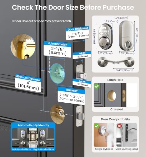 Veise RZ-C Keyless Entry Door Lock with 2 Lever Handles, Satin Nickel