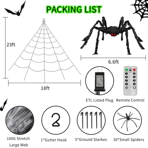 Halloween Decorations Outdoor Spider Web Lights, 23Ft 350 LED Light up Spider Web with 6.6Ft Giant Spider, 8 Modes Waterproof Timer Spiderweb Lights for Garden ＆ Haunted House Decor, Purple + Orange