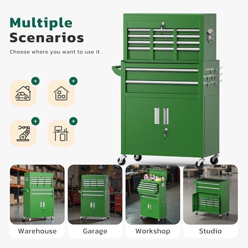 Greenvelly 8-Drawer Tool Chest with Wheels, Pre-Assembled Rolling Tool Chest, Detachable Top Tool Box, Lockable Design, Comes with Drawer Liners & Side Hooks for Garage Workshop Repair Room (Green)