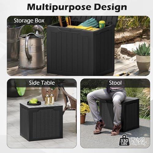 Giantex 25 Gallon Outdoor Storage Box, Patio Deck Box with Lockable Lid, Wicker-woven Texture, Waterproof Storage Bench for Pool Accessories, Garden Tools, Package Delivery, Patio Furniture (Black)
