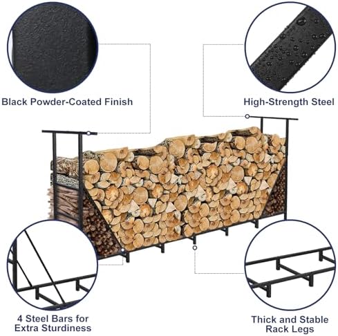 HONEST OUTFITTERS 8ft Firewood Rack Outdoor, Adjustable Heavy Duty Firewood Holder, Adjustable Wood Racks for Outdoor Indoor, Metal Log Racks for Firewood with Firewood Bag Carrier, Black