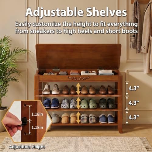Shoe Rack Bench with Storage 3 Tier Solid Wood Entryway Shoe Rack 39.4"
