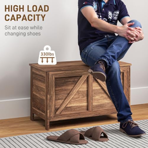 HOMCOM 30" Farmhouse Storage Bench Lift Top Storage Chest in Brown Oak
