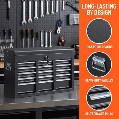 Winado 24" Portable Metal Tool Box, 5 Drawers Lockable Toolbox, Black