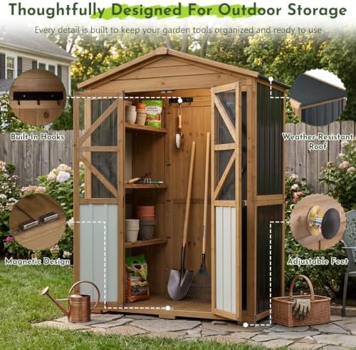 Outdoor Wooden Storage Shed Cabinet with 6 Adjustable Shelves