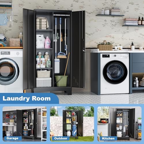 61" Metal Storage Cabinet with Lockable Door&Pegboard,Broom Closet Cabinet