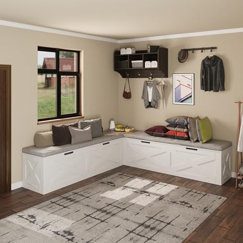 Bobve L-Shape Storage Bench with Cushion, Backless Corner Dining Bench, Kitchen Dining Nook Bench with Hidden Storage for Dining Room, Kitchen, Entryway (White+Grey)