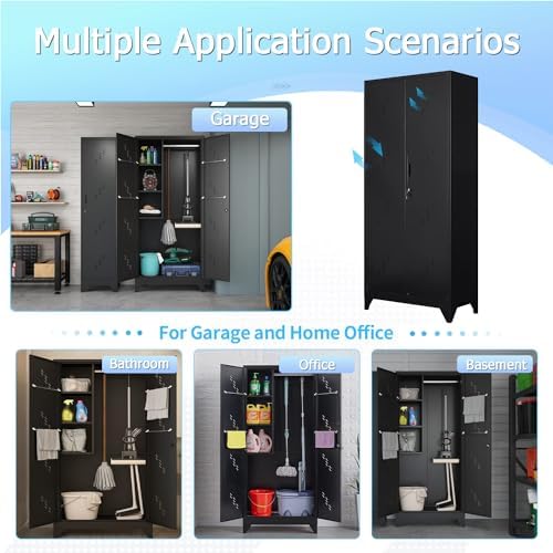 Metal Storage Cabinet, 75" Cleaning Tool Cabinet with Locking Door, Tall Storage Sheds Tool Organizer, Large Broom Cabinet for Bathroom, Laundry Room, Kitchen, Pantry, and Humid Environments