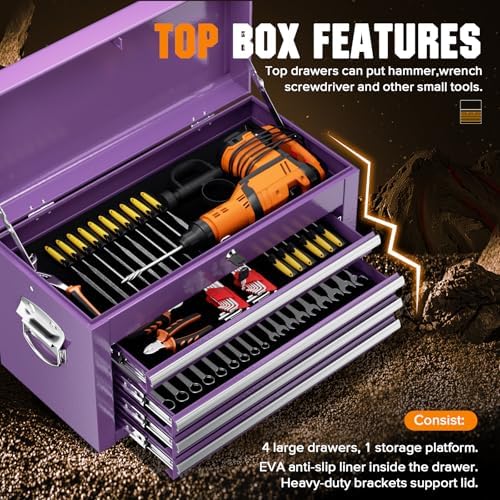 Oakcloud Heavy-Duty 5-Drawer Rolling Tool Chest & Cabinet Combo with Black Liner – Lockable Steel Garage Tool Box on Wheels – Detachable Top Toolbox & Bottom Storage Cart with Side Hooks, Purple