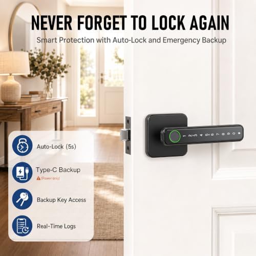 Smart Fingerprint Door Lock Knob, Biometric Keyless Entry Bedroom Handle