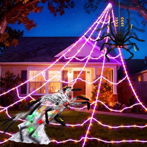 Halloween Spider Web Lights Decor+2 Animatronic 34'' Jumping Spider, Gray