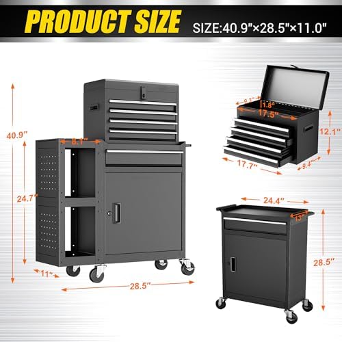 5 Drawer Rolling Tool Chest with Wheels, 3-in-1 Detachable Large Tool Cabinets with Removable 2-Tire Utility Cart, 30% Extra Storage Tool Cabinet for Garage Workshop, 29”x11”x 41” -2026 New Upgrade
