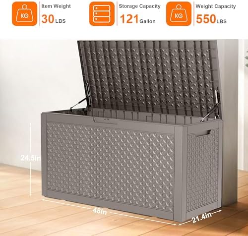 EasyUp 121 Gallon Outdoor Storage Box Waterproof, UV Resistant Resin Deck Box with Hydraulic Rod, Reinforced Stability for Patio, Garden, Quad Leaf Grey