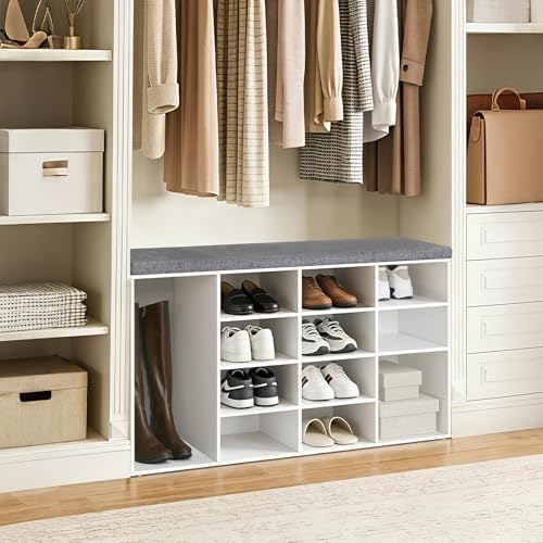 DINZI LVJ Shoe Storage Bench with Cushion, 14-Cubby Shoe Rack with Seat