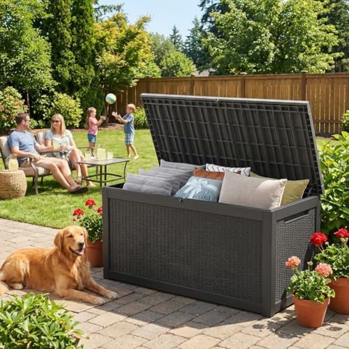TARKARI 370 Gallon Outdoor Storage Box Waterproof, Resin Deck Boxes with Lockable Lid & UV-Resistant for Patio, Pool, Garden Furniture Cushions & Accessories, Black