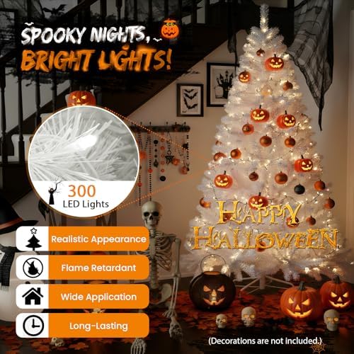 Prelit White Christmas Tree 6ft - White Halloween Tree with 300 LED Lights, 726 PVC Branches, Halloween & Xmas Tree for Holiday Decorations, Metal Stand and Hinged Branches