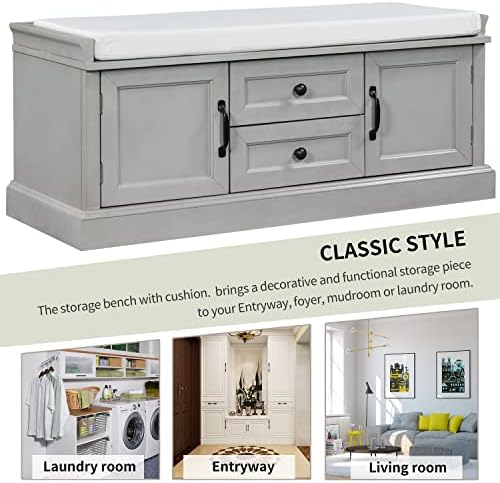 Knocbel 42.5" Storage Bench with Removable Cushion, 2 Drawers and 2 Cabinets, Entryway Hallway Foyer Shoe Bench Bedroom End of Bed Bench (Gray Wash)
