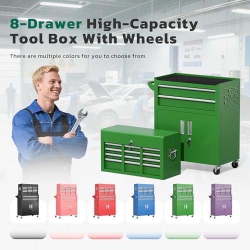 Greenvelly 8-Drawer Tool Chest with Wheels, Pre-Assembled Rolling Tool Chest, Detachable Top Tool Box, Lockable Design, Comes with Drawer Liners & Side Hooks for Garage Workshop Repair Room (Green)
