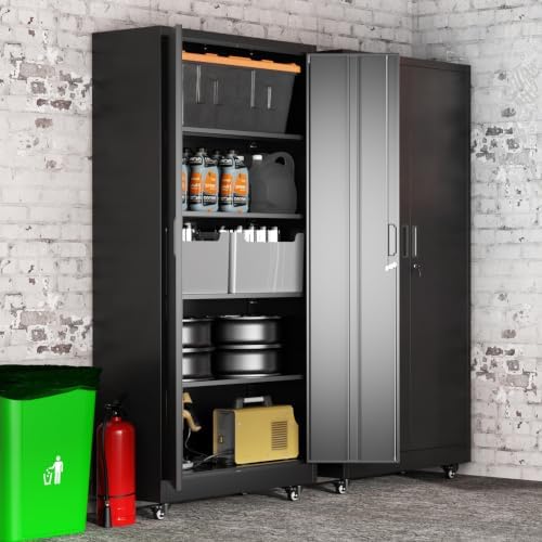 Greenvelly Metal Storage Cabinet with 4 Swivel Wheels,73" H Black Garage Storage Cabinet with Wheels, Rolling Tool Cabinet with Locking Doors and Shelves for Home,Basement, Kitchen Pantry,Warehouse