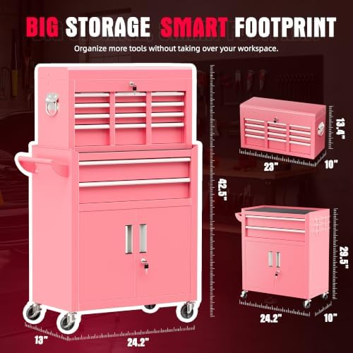 Bonusall Rolling Tool Chest with Wheels, 8 Drawer Metal Tool Cart with Portable Tool Box and Work Bench, Assembled Tool Chest with Drawer and Hooks for Garage, Workshop, Warehouse - Pink