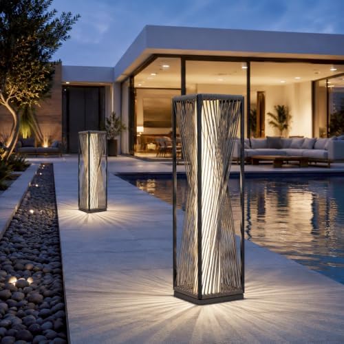 solar yard outdoor solar floor lamp resin wicker shown in use