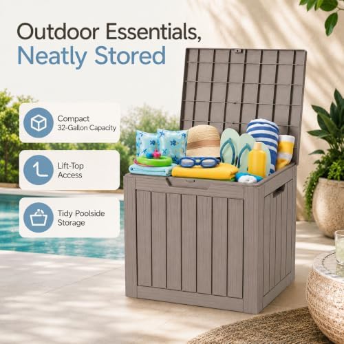 Outdoor Storage Box Resin Deck Box Waterproof Gray Brown 32 Gallon