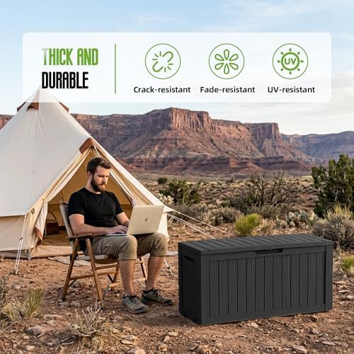 85 Gallon Outdoor Storage Deck Box Waterproof Resin Lockable Outside Bench Porch Patio Furniture Pool Float Garden Tool Cushion UV Resistant Bin Black