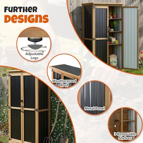 Outdoor Storage Cabinet with Shelves, Wood & Metal Storage Shed with Weatherproof Roof, Lockable Doors, Adjustable Feet, Outside Storage Cabinet for Garage, Patio (15.6" D x 32.3" W x 65.8" H)