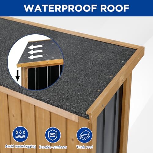 Outdoor Storage Cabinet Wood & Metal with Waterproof Roof, Garden Tool Shed with 3 Removable Shelves, 4 adjustable reinforced feet with metal brackets, 6 T-Hinge, magnetic door,15.6"D x 32.3"W x 66"H