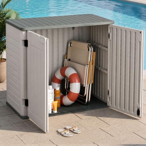 EHHLY Horizontal Resin Storage Shed, 35 Cuft Garden Tool Sheds & Outdoor Storage, Outdoor Plastic Storage Cabinet Waterproof, 4FT Tall Backyard Outside Lawn Mower Storage Shed, White