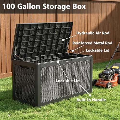 100 Gal Outdoor Storage Box Waterproof Lockable,Deck Box,Gas Lift,Black