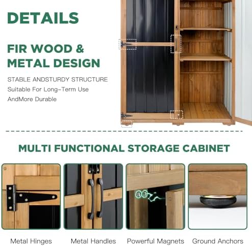 Outdoor Storage Cabinet Waterproof with Shelves, Outdoor Storage Shed Garage Cabinet Weatherproof, Wood & Metal Outside Patio Backyard Garden Pool Storage Tool Organizer
