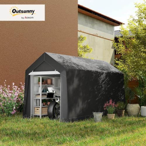 Outsunny 7' x 12' Portable Storage Shed Shelter, Heavy Duty Outdoor Shed, Waterproof Garden Storage Tent with Ventilation Window and Roll-up Zipper Door for Bike, Motorcycle, Garden Tools, Gray