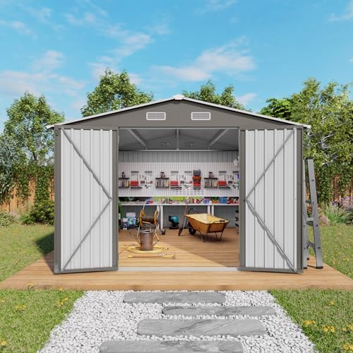 10x12 FT Outdoor Storage Shed, Large Metal Garden Shed with 2 Windows, Outside Tool Sheds with Lockable Hinged Doors, Waterproof Storage Building with 4 Air Vents for Backyard, Patio, Lawn, Gray