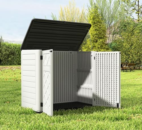 HOMSPARK Storage Shed Weather Resistance, Multi-Purpose Outdoor Storage Cabinet for Backyards and Patios, Horizontal Storage Shed for Lawnmower, Patio Accessories (Off-White, Large - 48 cu.ft)