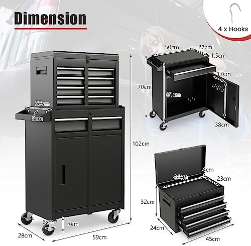 TANGZON Rolling Tool Chest Combo, Heavy Duty Lockable Tool Cabinet with Wheels, 5 Drawers, Adjustable Shelf, Hooks & Side Handle, 2-In-1 Detachable Tool Cart Trolley for Workshop Garage (Black)