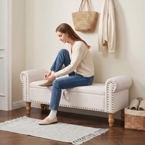55" End of Bed Bench, Upholstered Bench with Storage, Queen, Beige